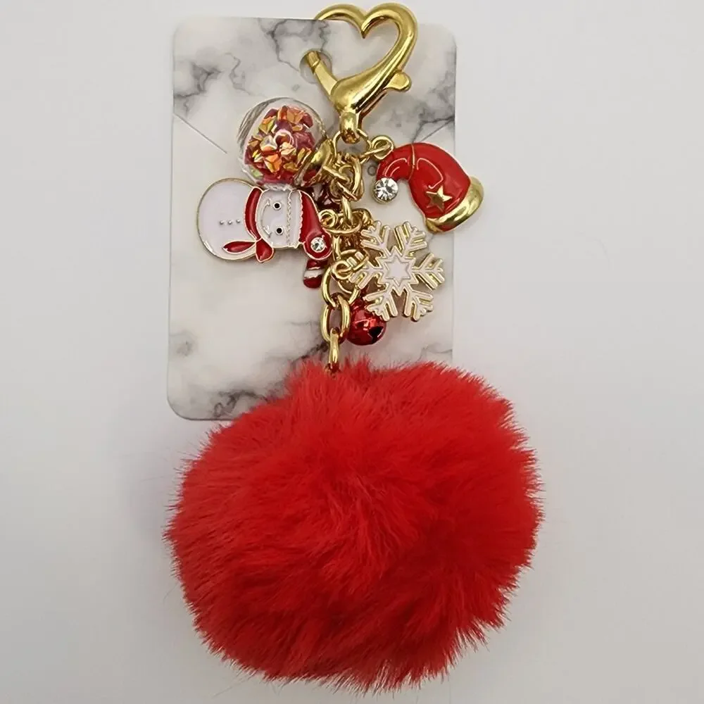 Red Pompom Christmas Keychain Bag Charm Snowman Santa Hat Snowflake
